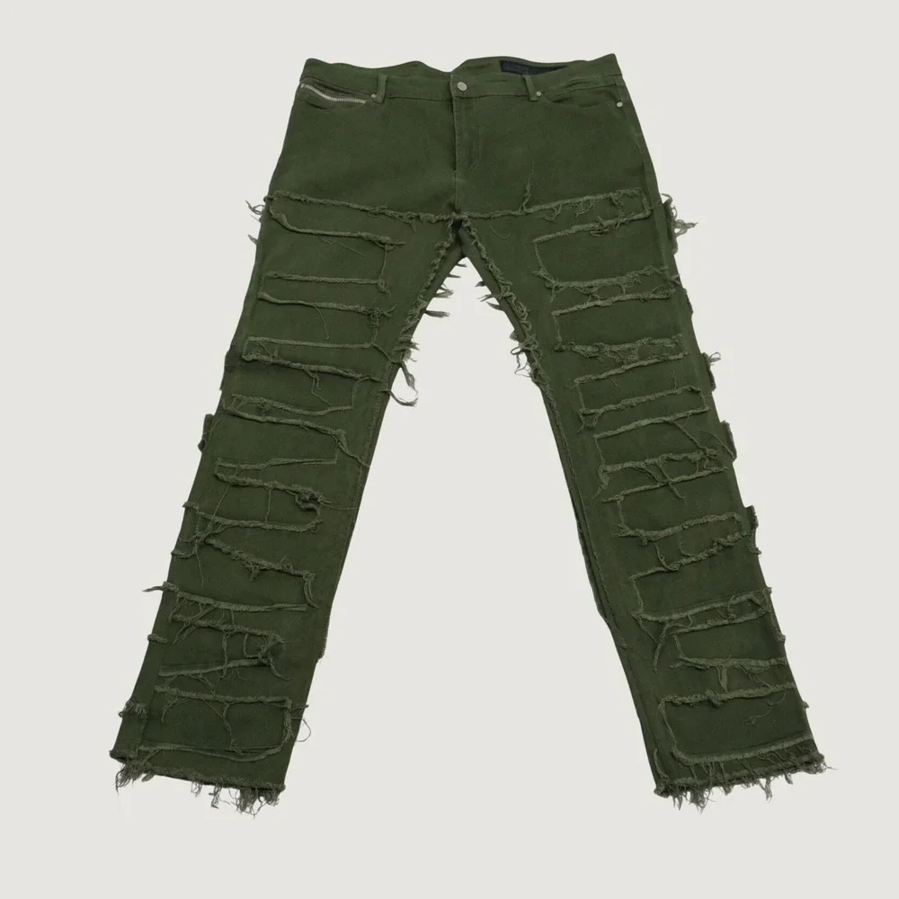 Rockstar Original Flare Denim Mens Green Distressed Streetwear 44 RSM 205